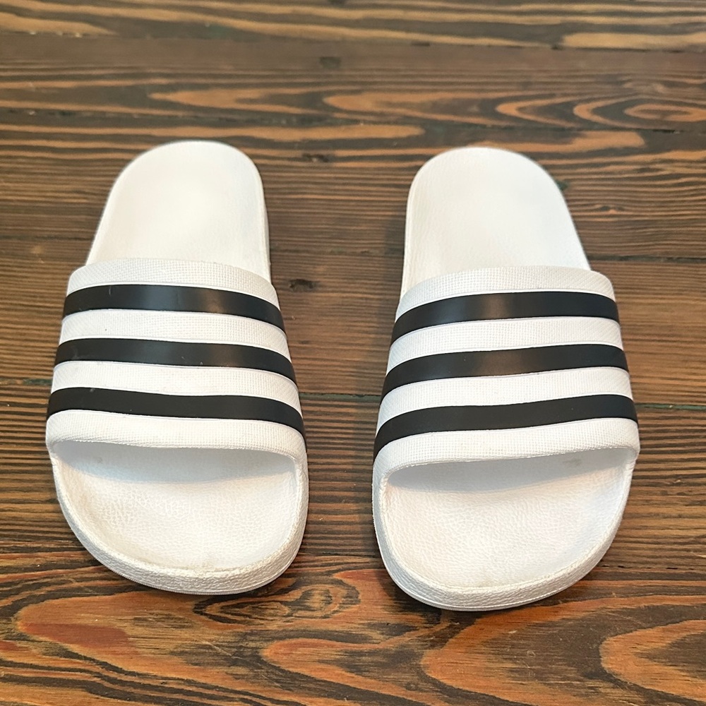 Adidas White Slide Sandals with Black Accents